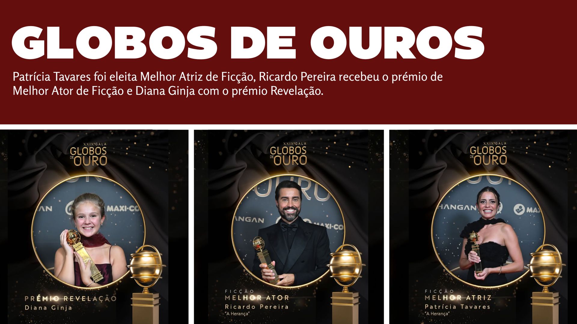 Patrícia Tavares, Ricardo Pereira e Diana Ginja brilham nos Globos de Ouro com A HERANÇA